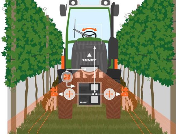Automatic control system of vineyard implements for removing weeds on Fendt 200 V Varo - Braun